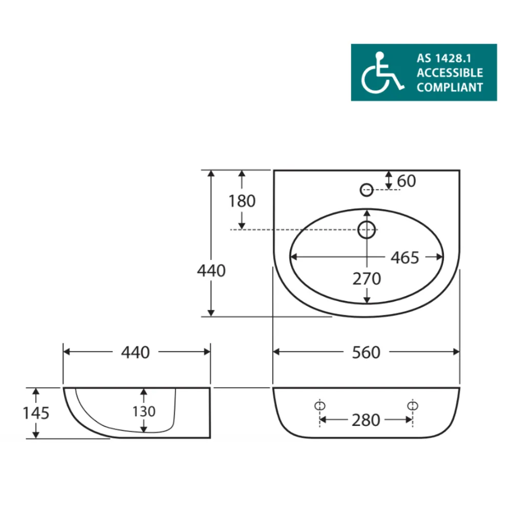 Fienza RB379 Stella Care Ceramic Gloss White Wall Basin, No Shroud, One Tap Hole