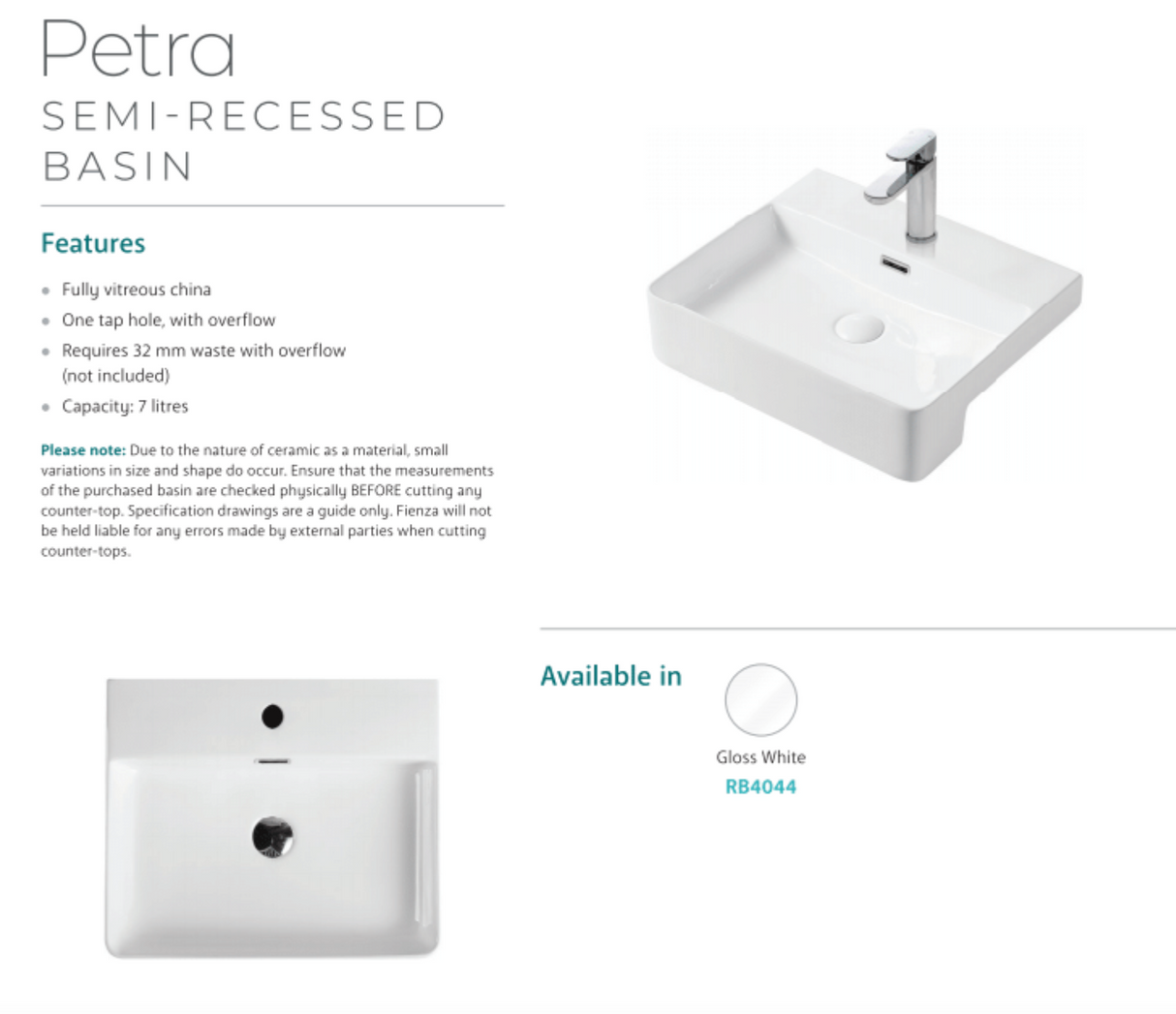 Fienza RB4044 Petra 1 Tap Hole Semi Recessed Basin, White