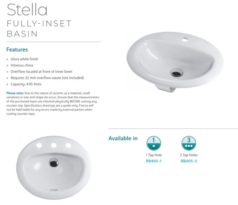Fienza RB405-1 Stella Inset Basin 1 Tap Hole, White - Special Order