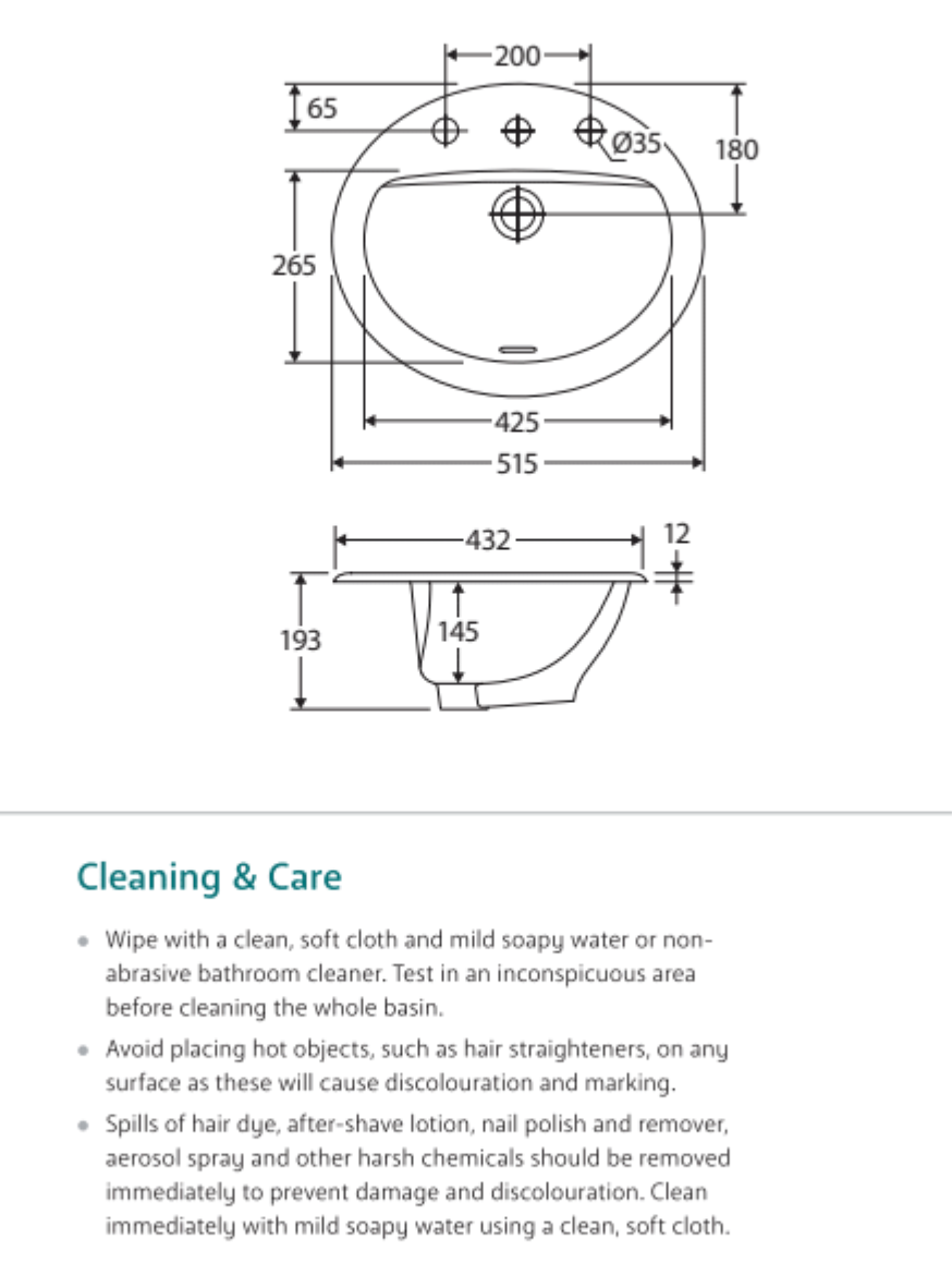Fienza RB405-1 Stella Inset Basin 1 Tap Hole, White
