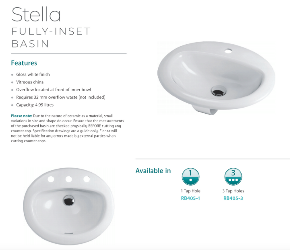 Fienza RB405-3 Stella Inset Basin 3 Tap Holes, White