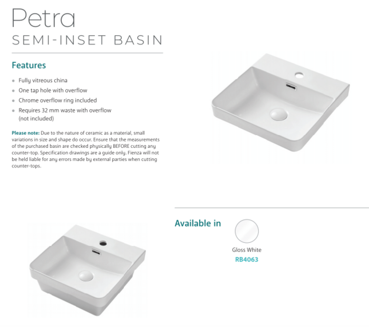 Fienza RB4063 Petra 1 Tap Hole Semi Inset Basin, White