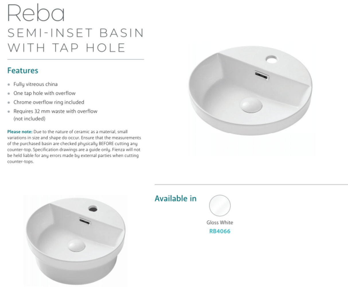Fienza Reba RB4066 Semi Inset Basin with 1 Tap Hole, White