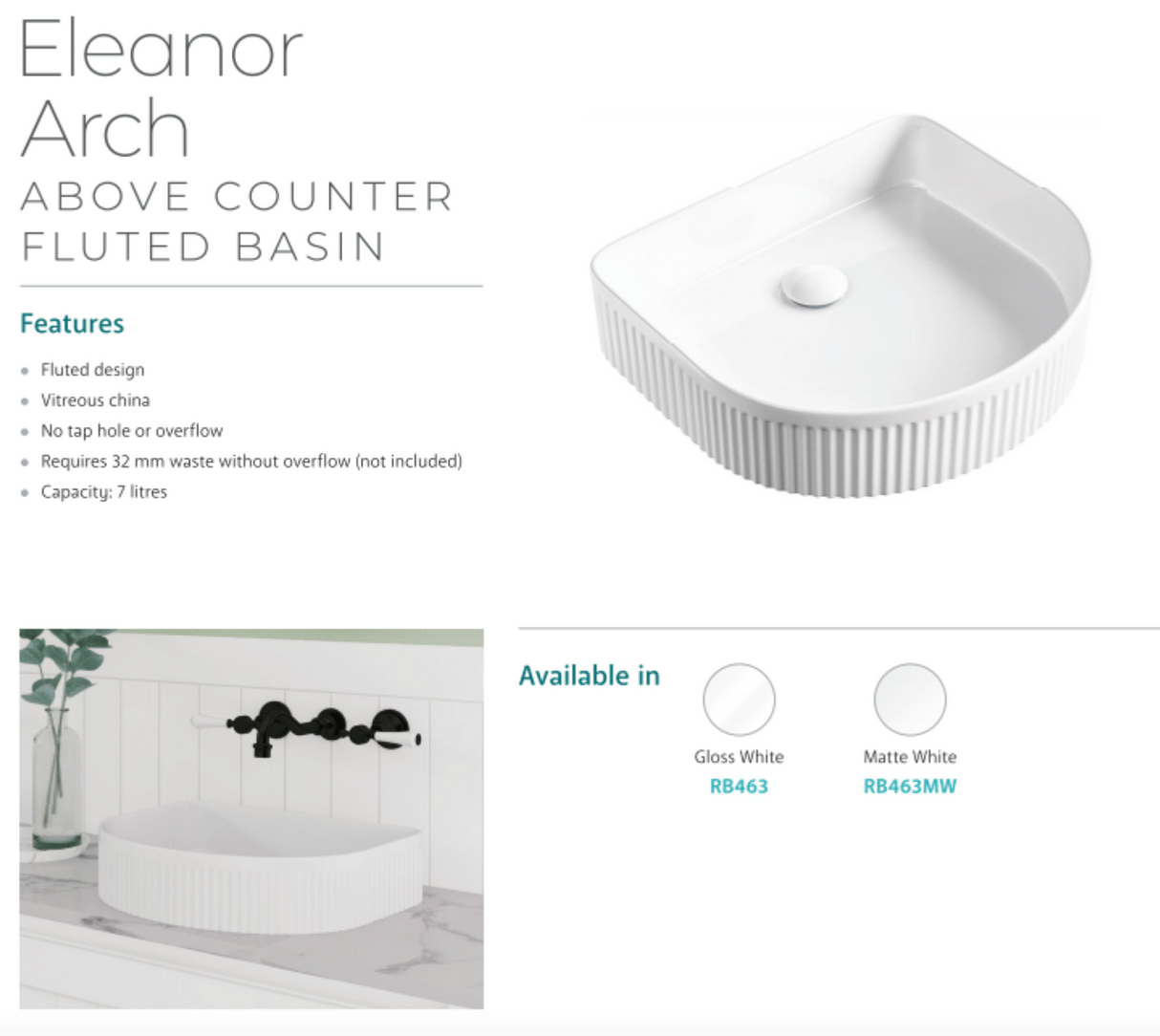 Fienza Eleanor RB463 Arch Above Counter Basin, White