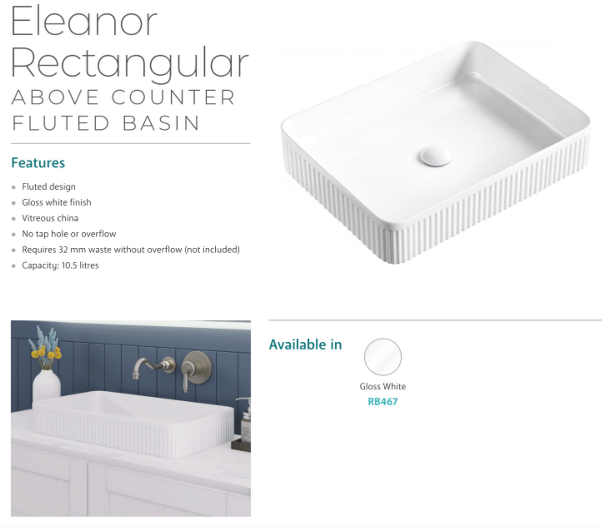 Fienza RB467 Eleanor Rectangular Above Counter Basin, White