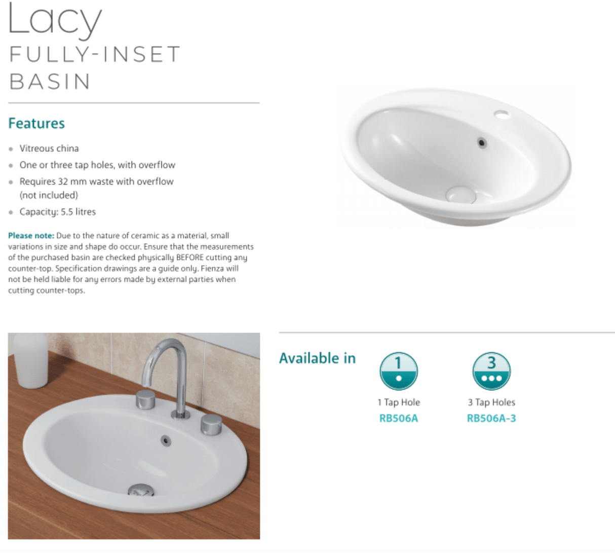 Fienza RB506A Inset Lacy Basin 1 Tap Hole, White