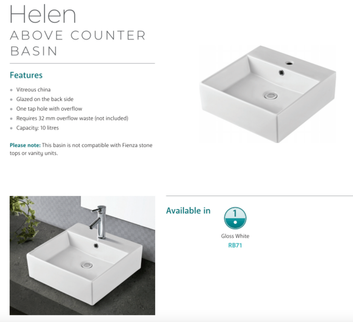 Fienza Helen RB71 1 Tap Hole Above Counter Basin, Gloss White