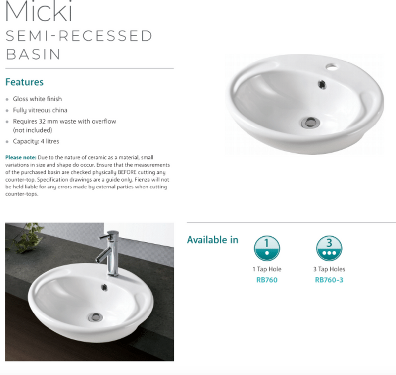 Fienza RB760 Micki 1 Tap Hole Semi Recessed Basin, White - Special Order