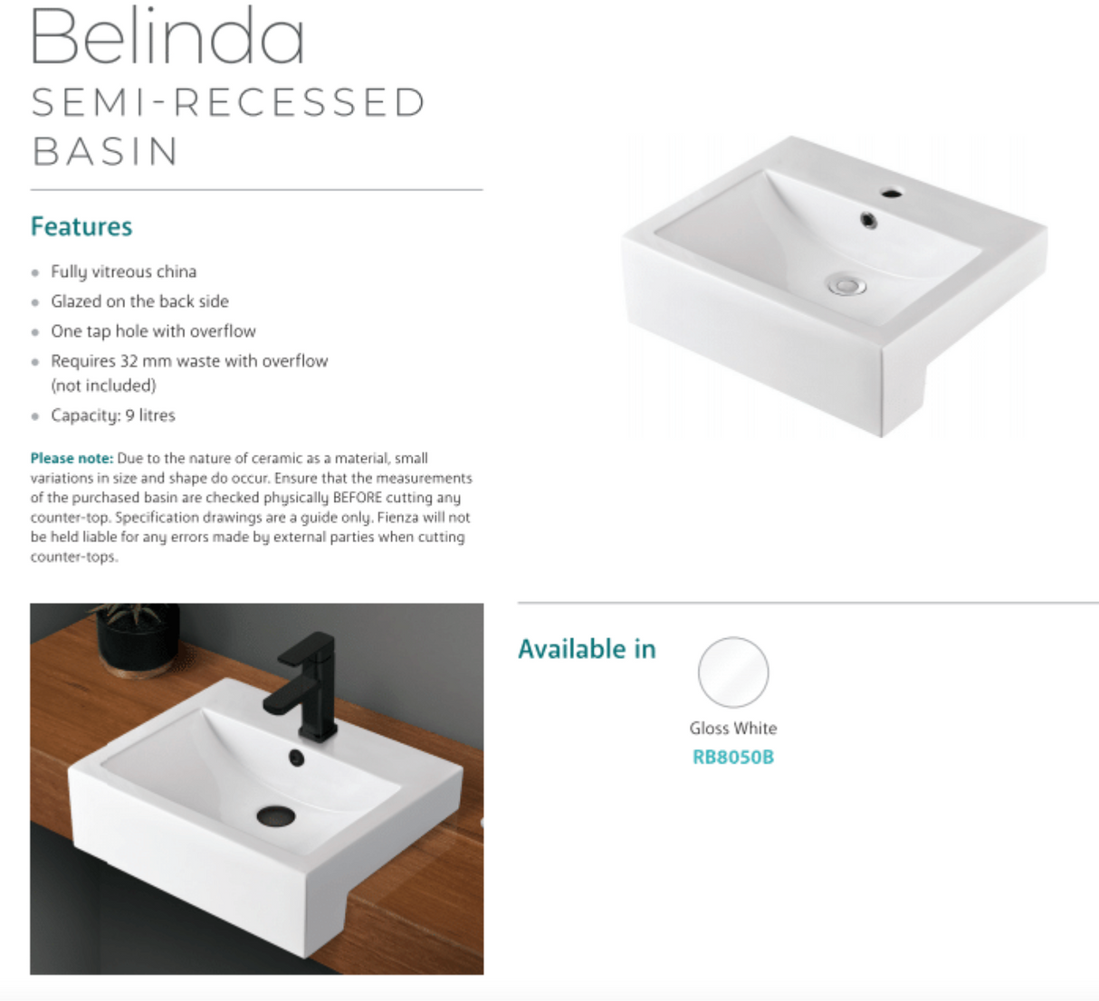 Fienza 1 Tap Hole RB8050B 1 Tap Hole Semi Recessed Basin, White