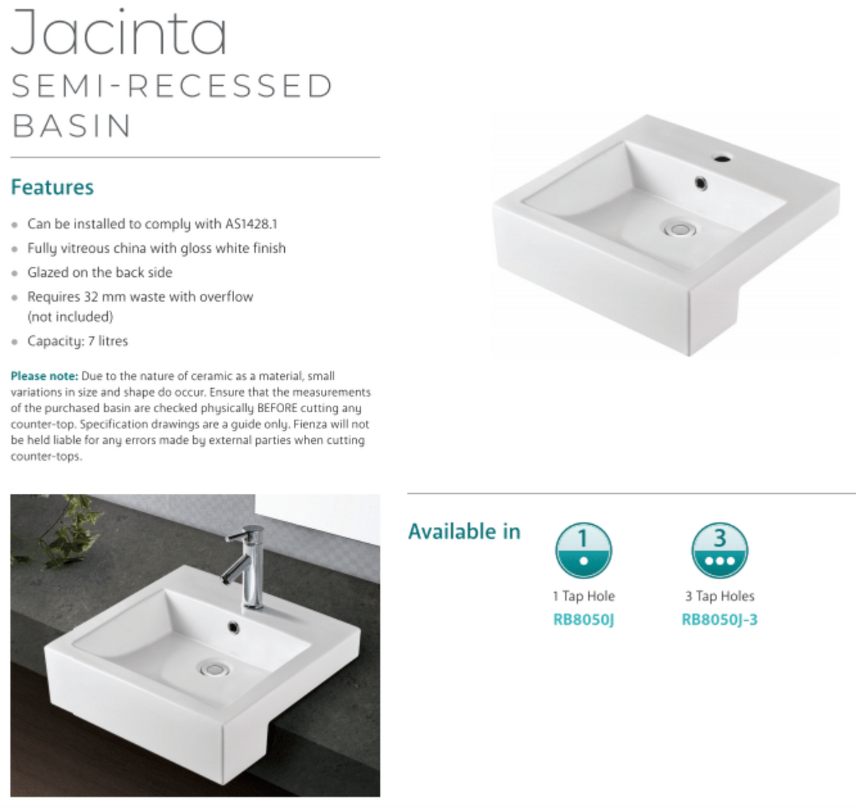 Fienza Jacinta RB8050J 1 Tap Hole Semi Recessed Basin, White