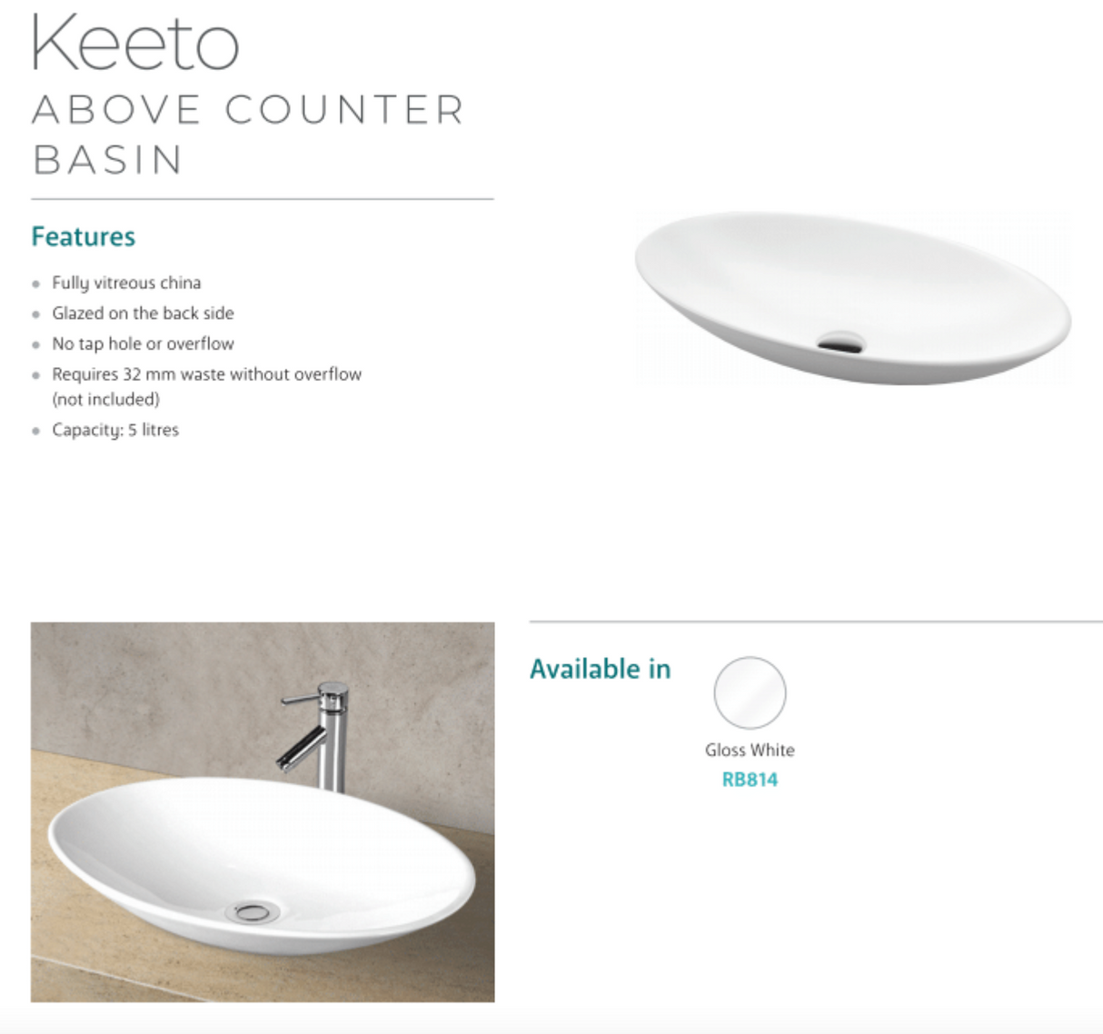 Fienza RB814 Keeto Above Counter Ceramic Basin, White