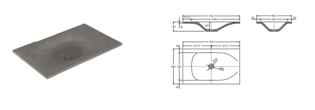 Fienza SAT75 Satori 750mm Concrete Basin Top