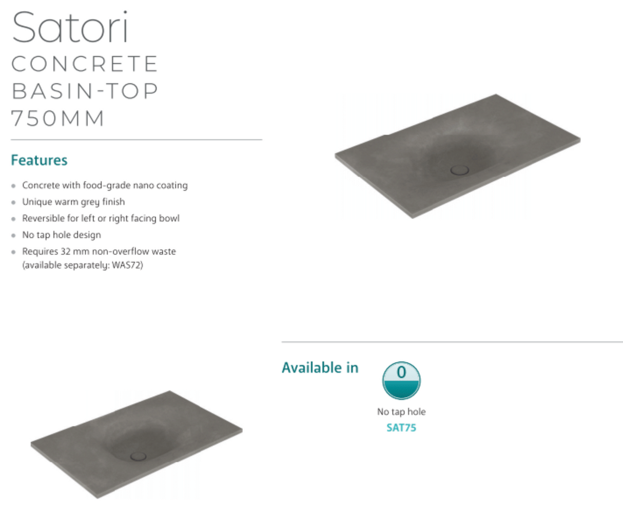 Fienza SAT75 Satori 750mm Concrete Basin Top