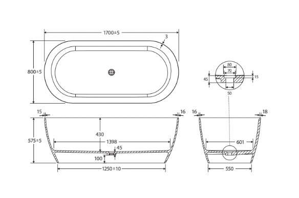 Fienza SS350-1700 Kaya Slim Wall Stone Bath 1700mm, Matte White