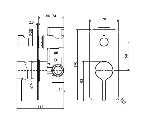 Fienza Sansa Soft Square Plate Wall Diverter Mixer - Urban Brass