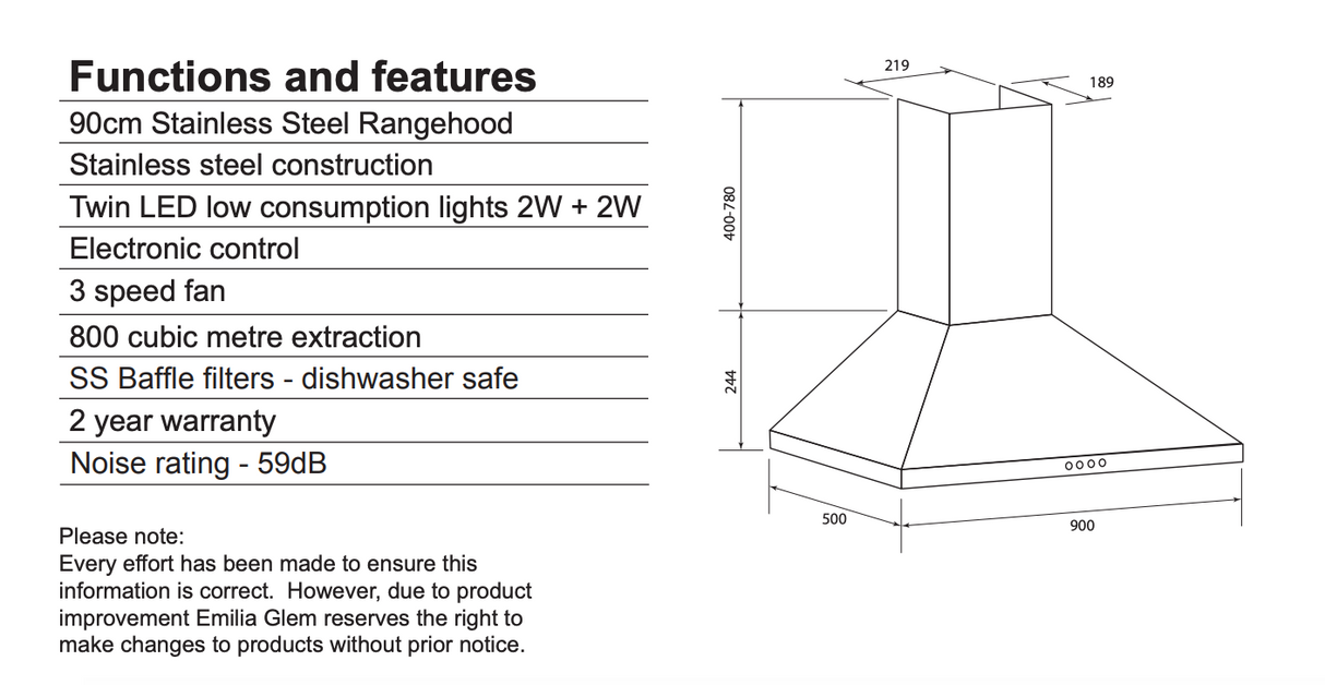 Emilia CK90LBF 90cm Canopy Rangehood