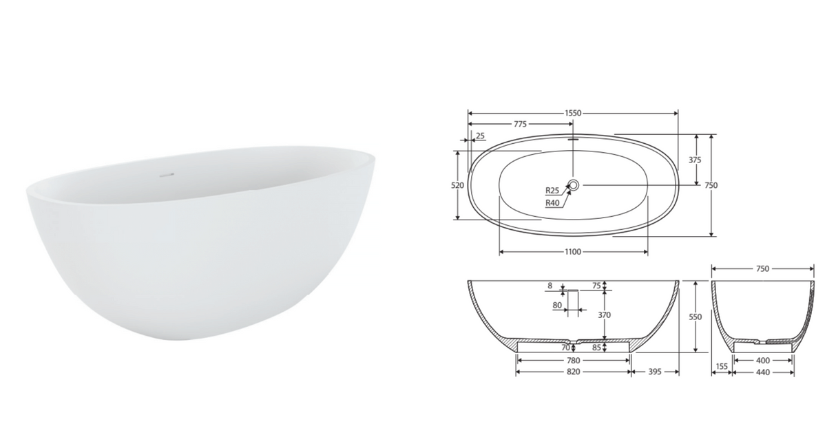 Fienza ST28-1550 Sasso Freestanding Stone Bath 1500mm, Matte White