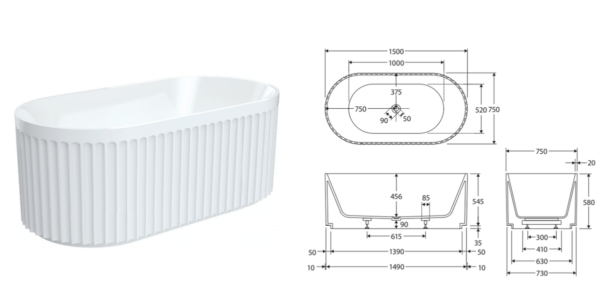 Fienza FR711-1500-OF Eleanor Fluted Freestanding Acrylic Bath 1500mm, Gloss White