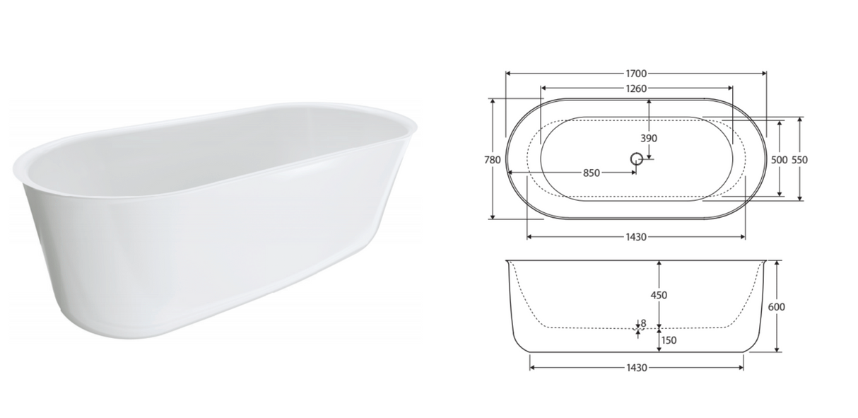 Fienza FR72-1700 Windsor Freestanding Acrylic Bath 1700mm, Gloss White