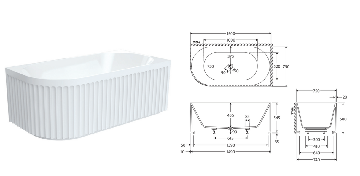 Fienza Eleanor Fluted Acrylic Corner Bath 1500mm - Gloss White