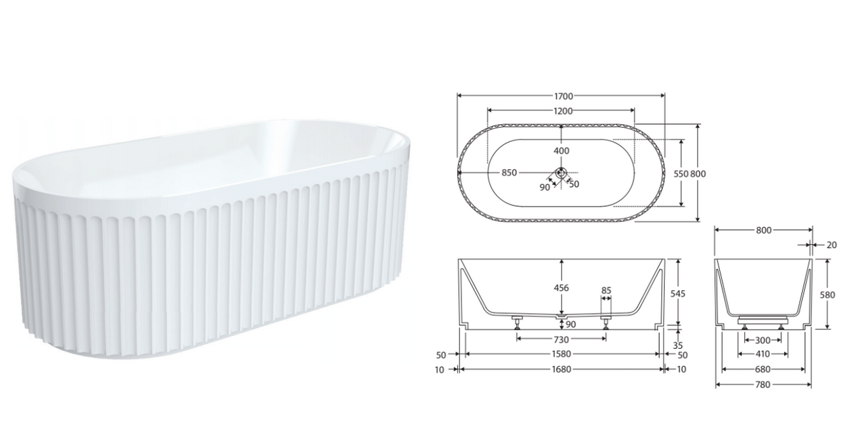 Fienza FR711-1700 Eleanor Fluted Freestanding Acrylic Bath 1700mm, Gloss White