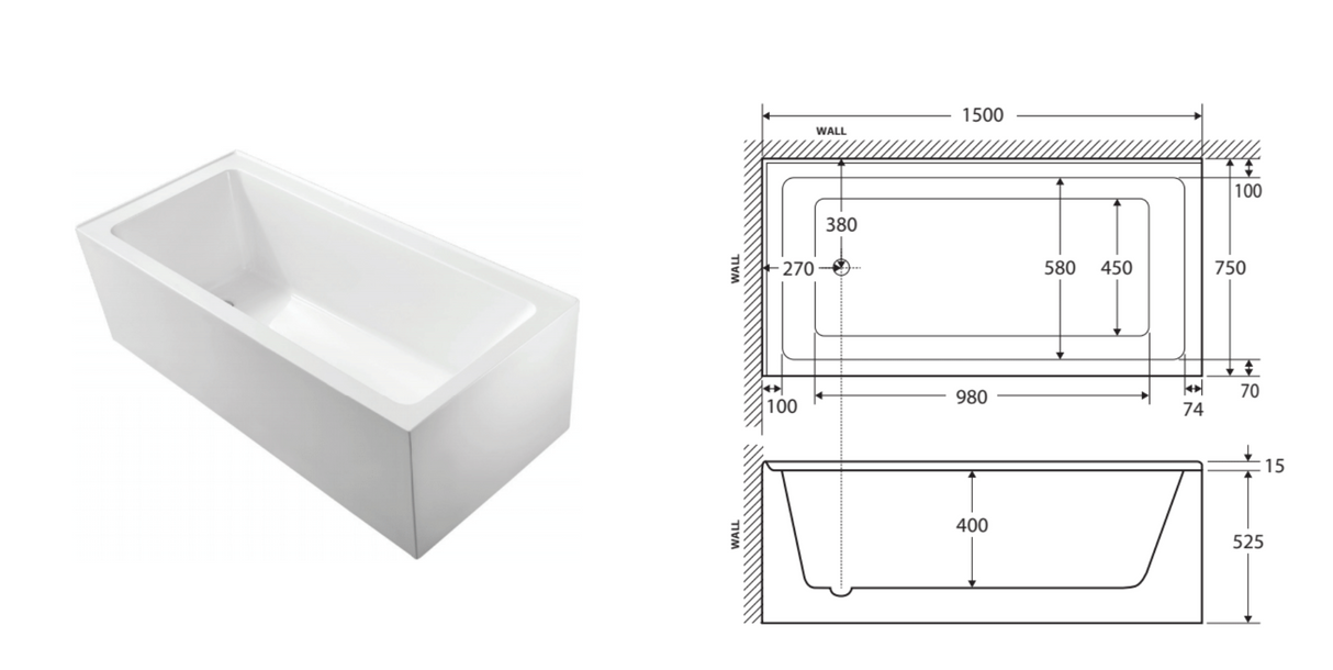 Fienza Sentor Acrylic Corner Bath 1500mm - Gloss White