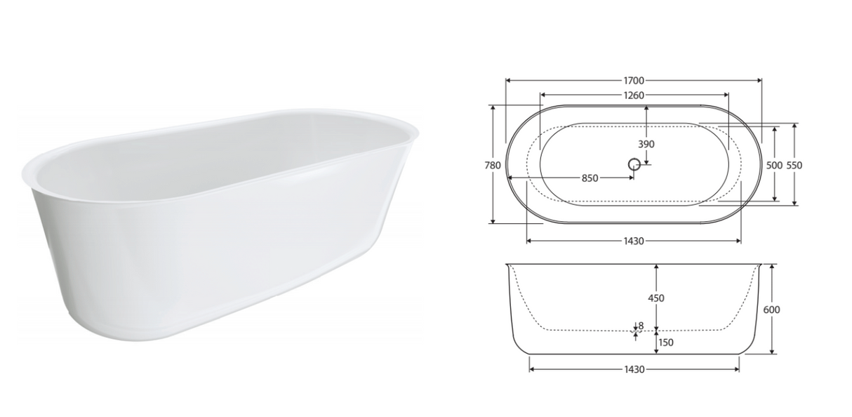 Fienza FR72-1700B Windsor Freestanding Acrylic Bath 1700mm, Matte Black