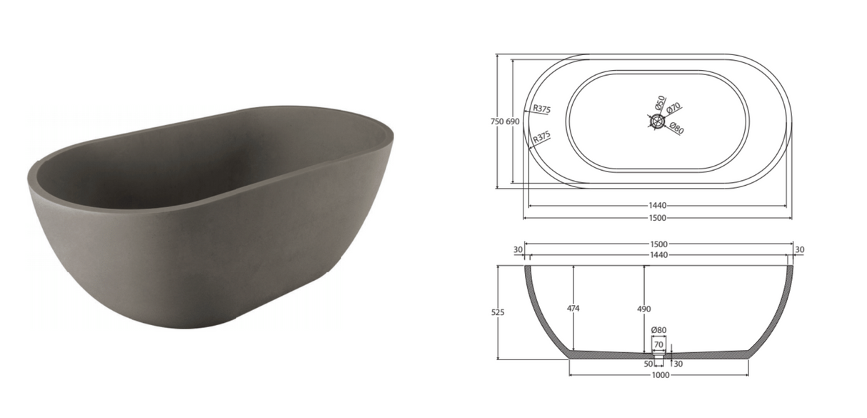 Fienza Jada Freestanding Concrete Bath 1550mm, Matte Grey