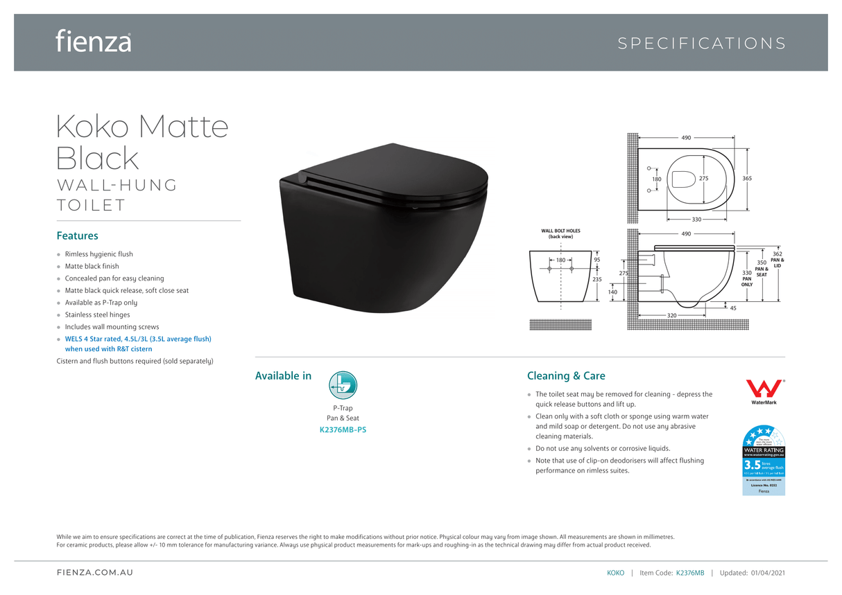 Fienza Koko Wall-Hung Suite - Matte Black