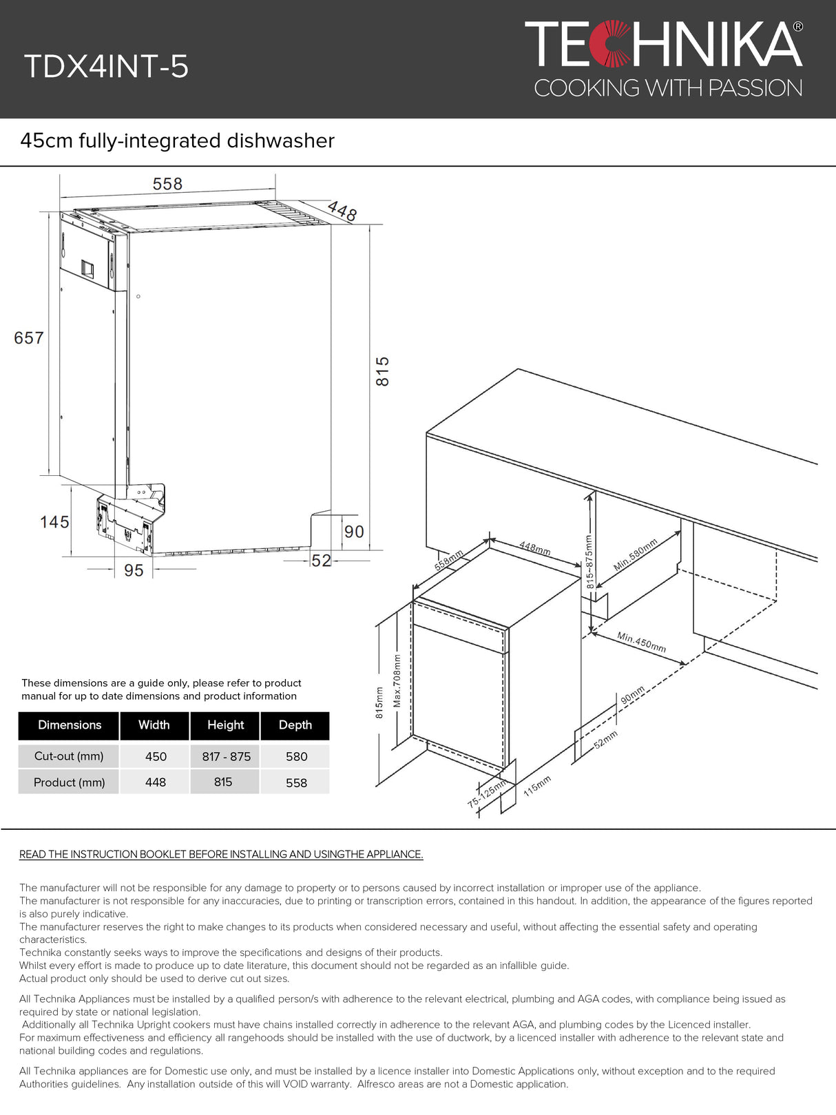 Technika TDX4INT-5 45cm Integrated Dishwasher - Technika Seconds Discount