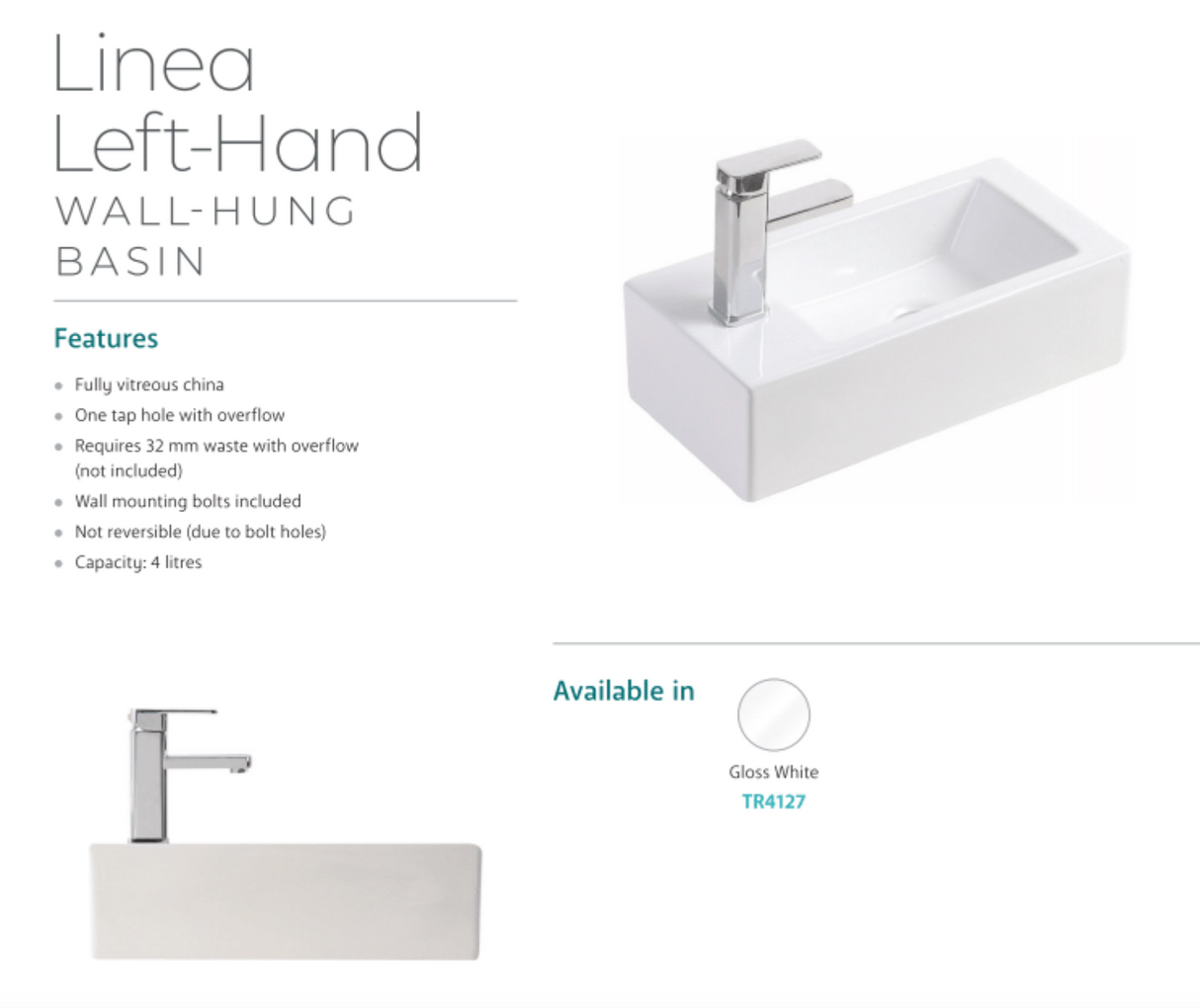 Fienza Linea TR4127 Wall Hung Ceramic Basin - 1 Left Hand Tap Hole, White