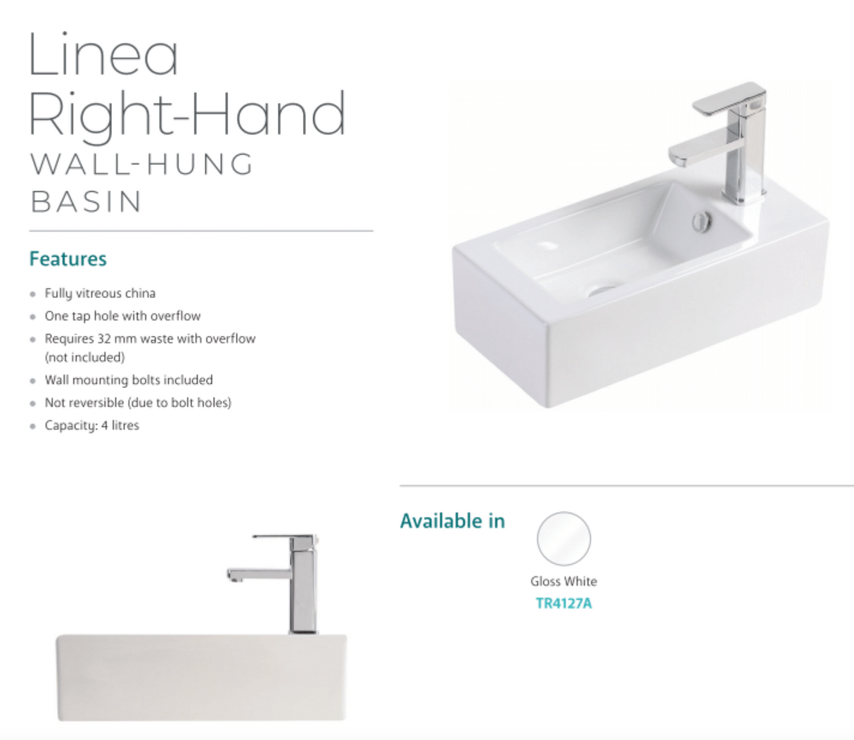 Fienza Linea TR4127A Wall Hung Ceramic Basin - 1 Right Hand Tap Hole, White