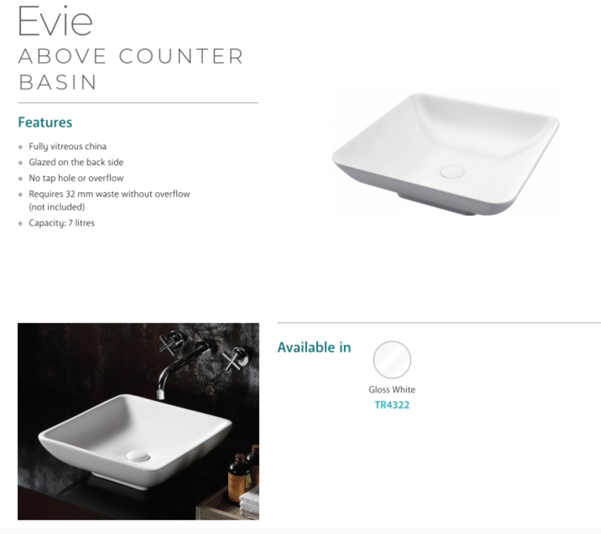 Fienza TR4322 Evie Above Counter Basin, White