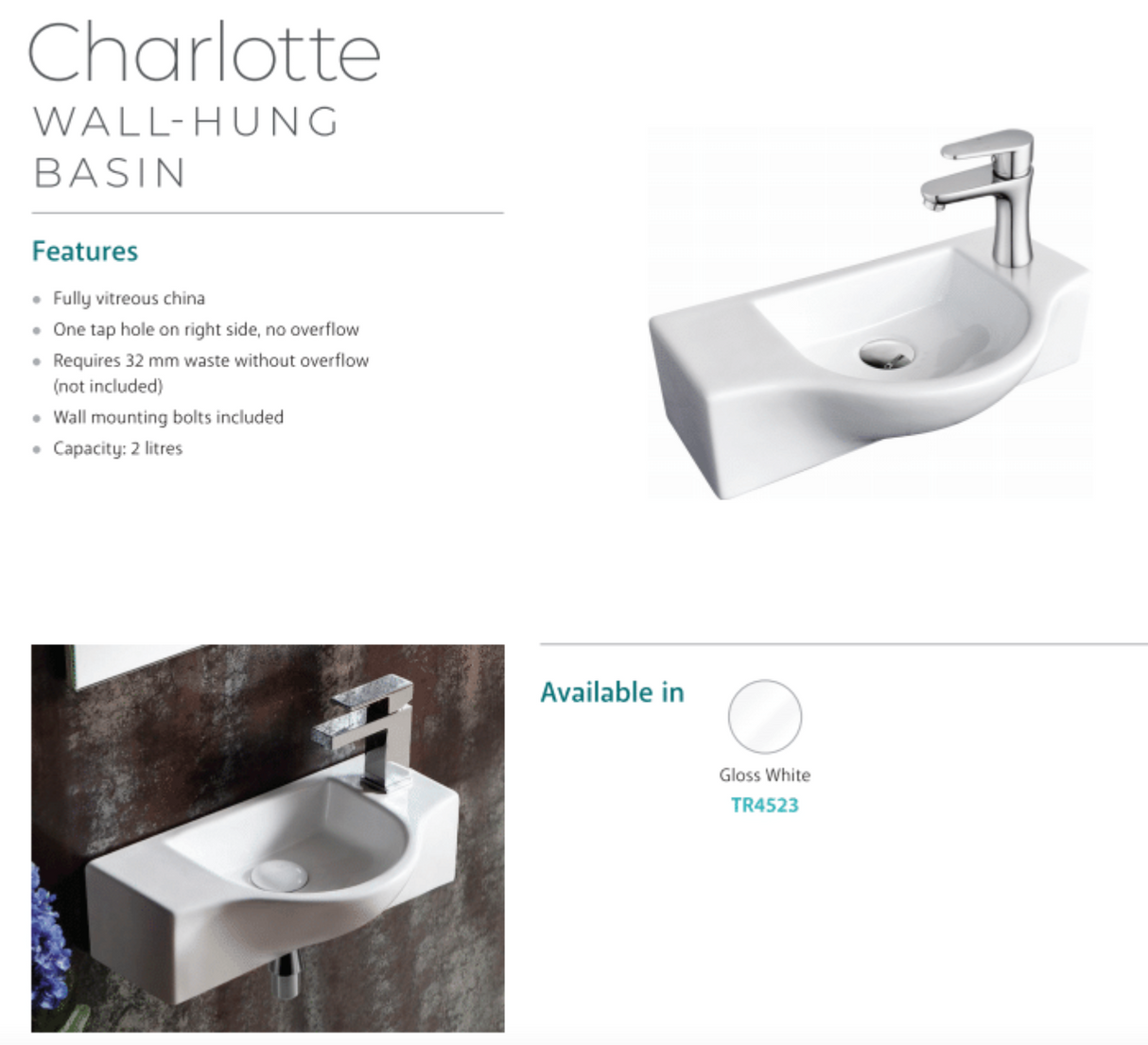 Fienza TR4523 Charlotte Wall Hung Basin 1 Tap Hole, White