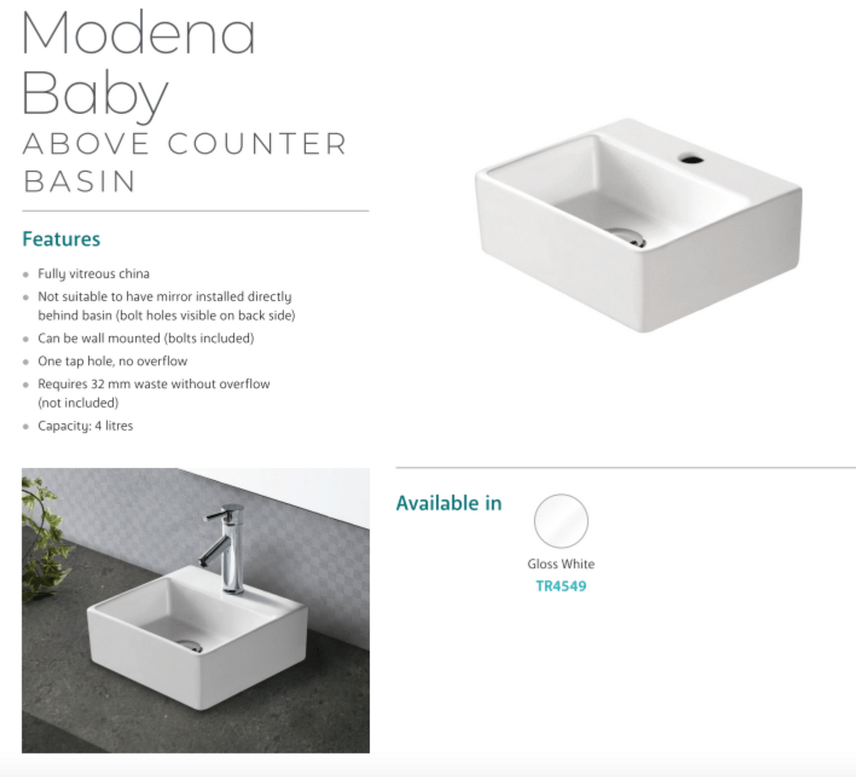 Fienza TR4549 Baby Modena Above Counter Ceramic 1 Tap Hole Basin, White