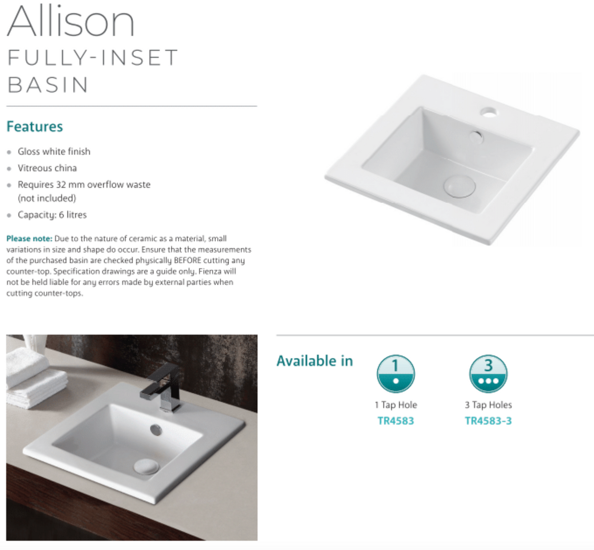Fienza TR4583 Allison Inset 1 Tap Hole Ceramic Basin, White