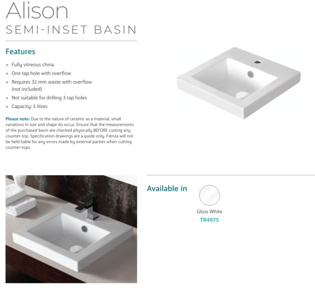 Fienza TR4975 Alison Semi Inset 1 Tap Hole Ceramic Basin, White