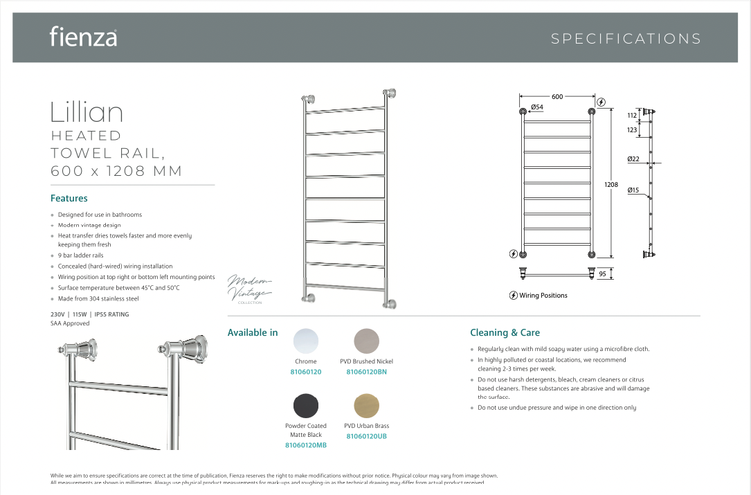 Fienza Lillian Heated Towel Rail - Matte Black