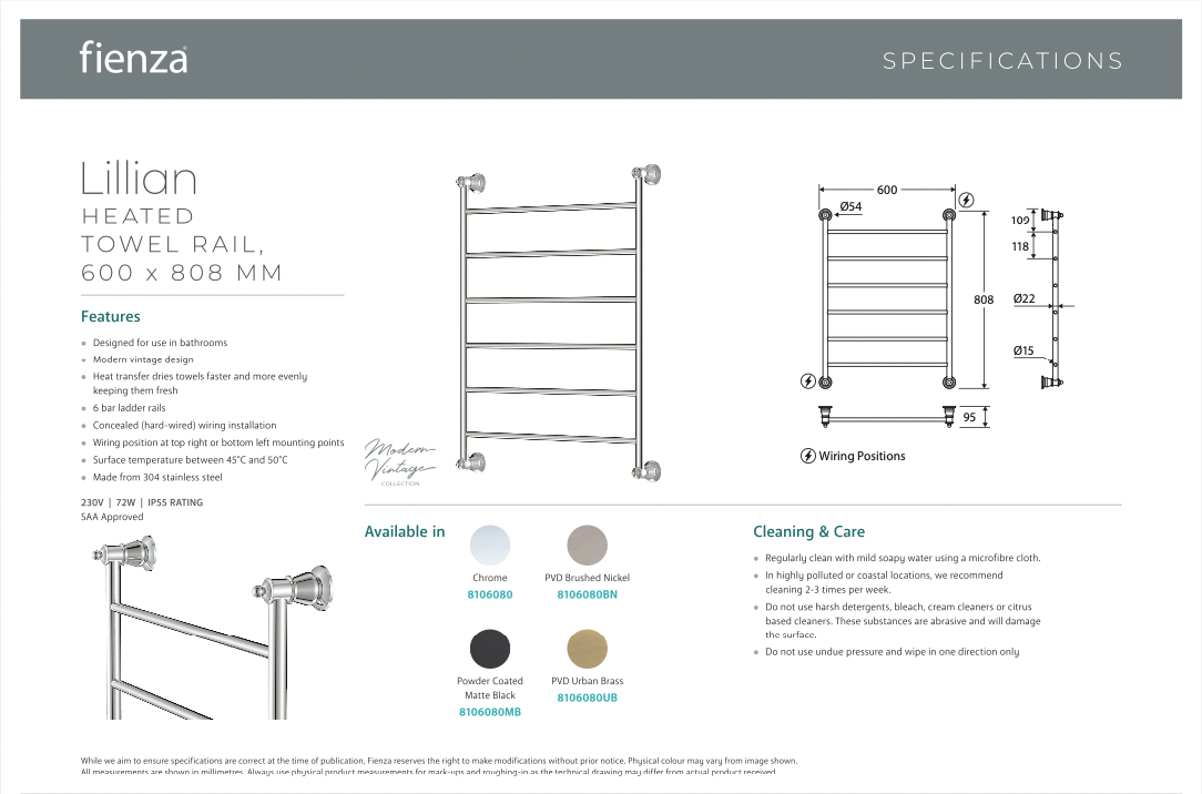 Fienza Lillian Heated Towel Rail - Brushed Nickel
