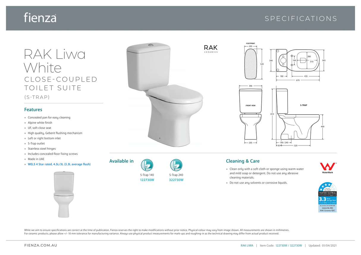 Fienza Rak Liwa Close-Coupled Suite S-Trap 240 - White