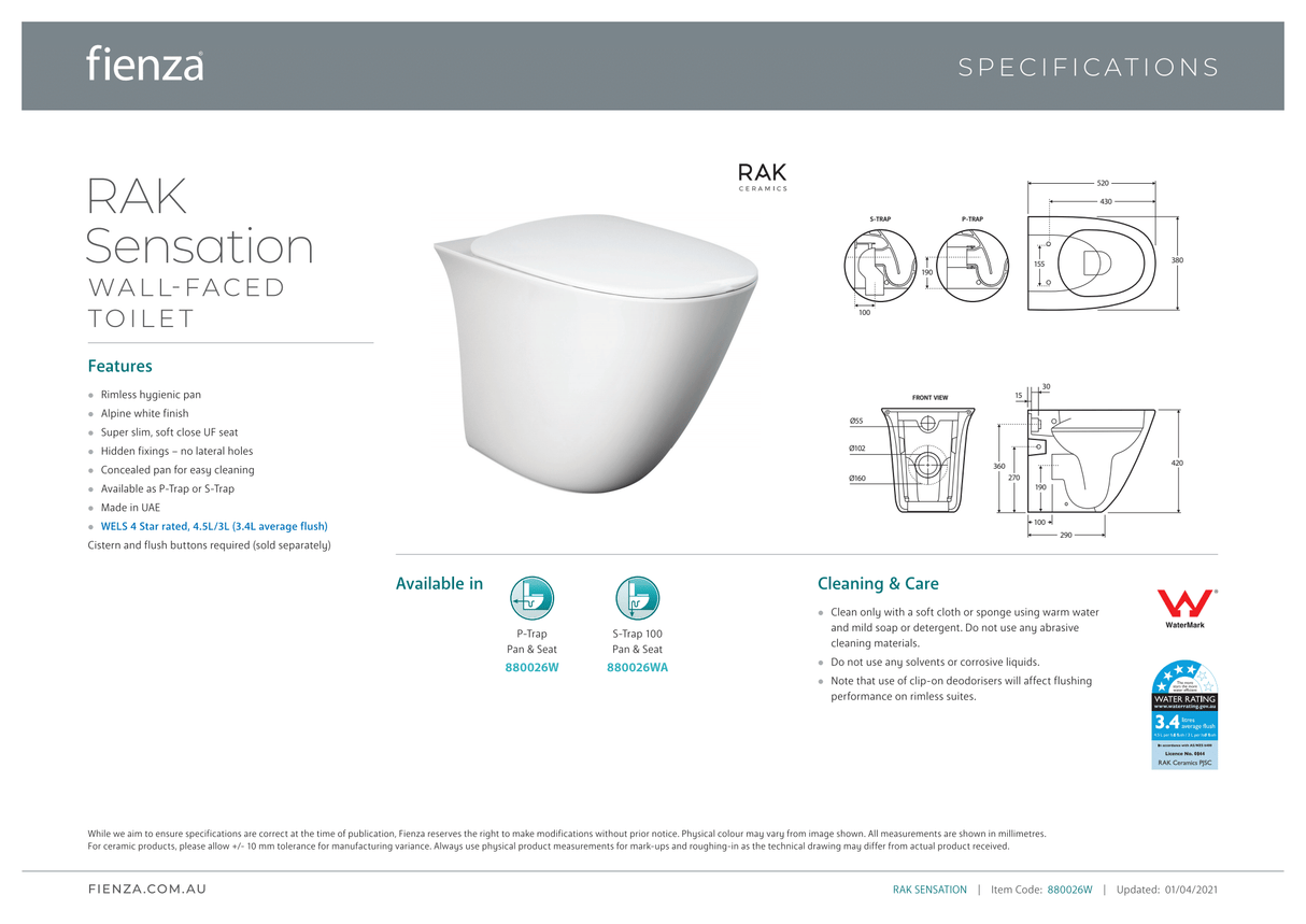 Fienza Rak Sensation Wall-Faced Suite