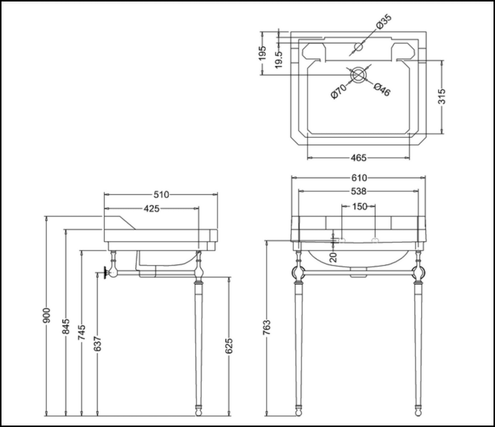 Abey Burlington 13136/13137 Edwardian 61Cm Basin & Stand Basins