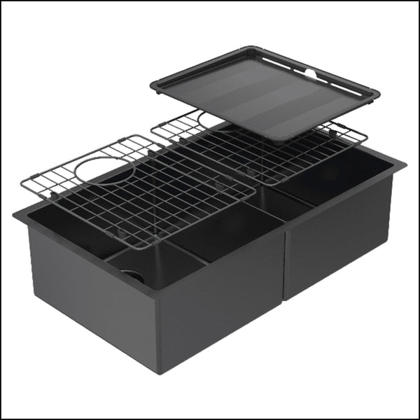 Abey Piazza Cr340Db Black Steel Double Bowl Sink Top Mounted Kitchen Sinks
