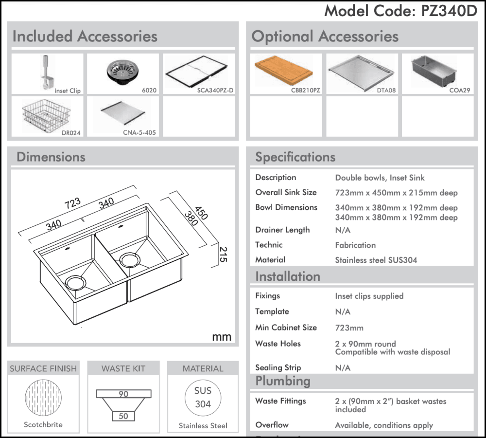 Abey Pz340D Piazza Plus Double Bowl Sink Top Mounted Kitchen Sinks
