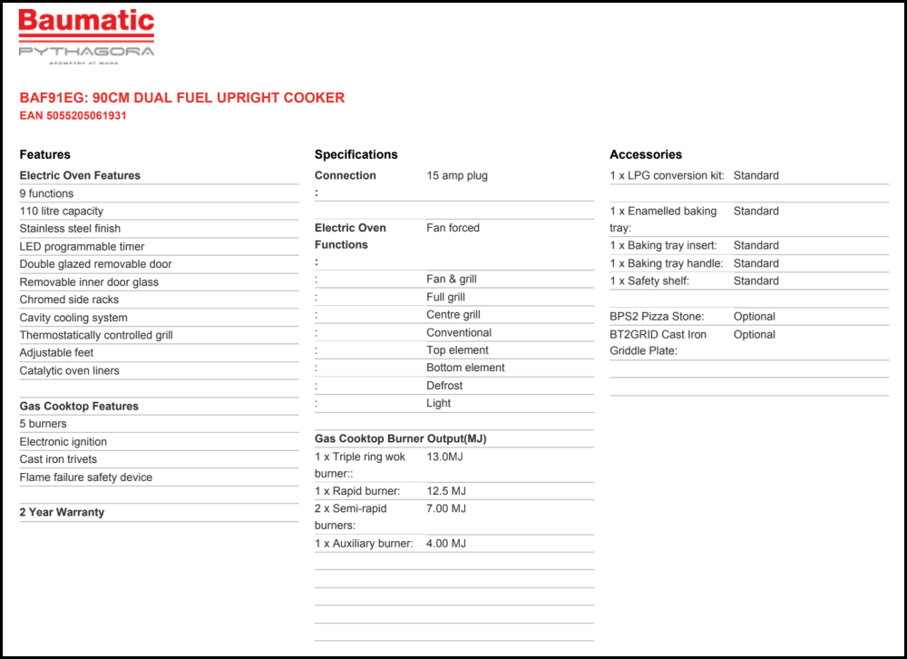 Baumatic Baf91Eg 90Cm Italian Made Dual Fuel Freestanding Stove - Ex Display Stoves