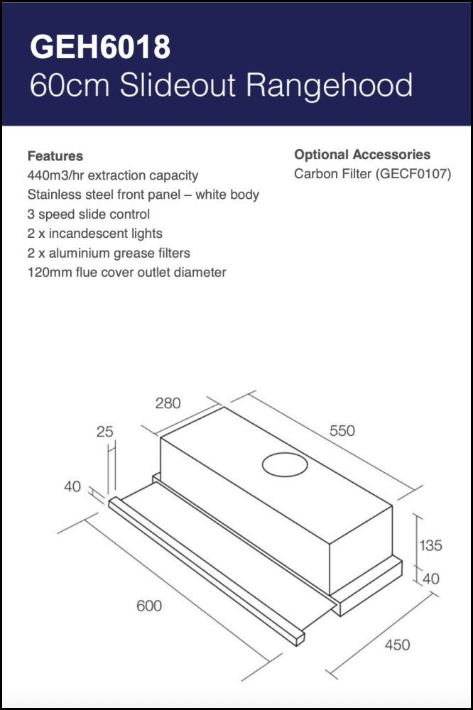 Baumatic Geh6018 60Cm Slideout Rangehood Slide Out