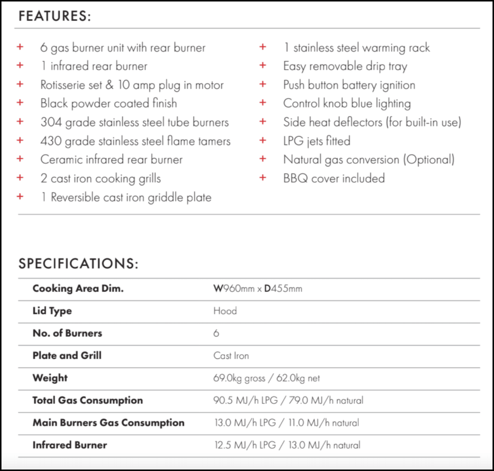 Euro Appliances Eal1200Rbqbl Black 6 Burner Built-In Bbq Built In