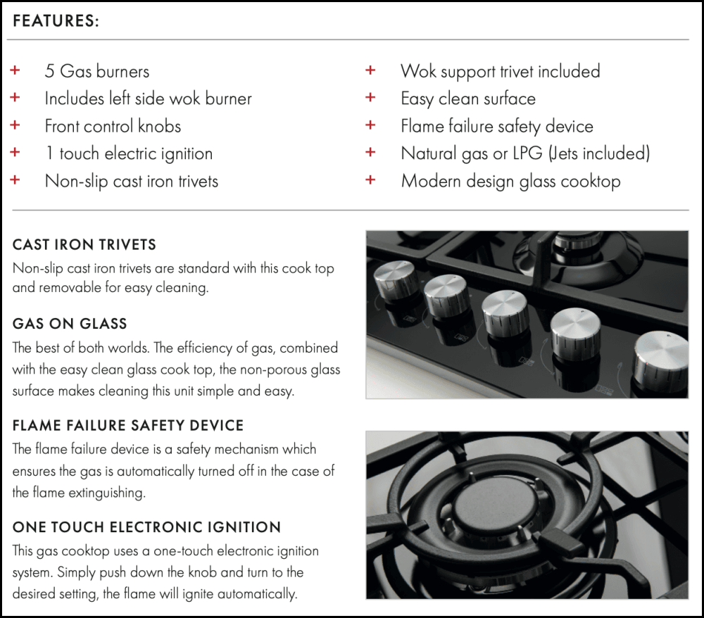 Euro Appliances Ect900Gbk2 90Cm 5 Burner Gas On Glass Cooktop