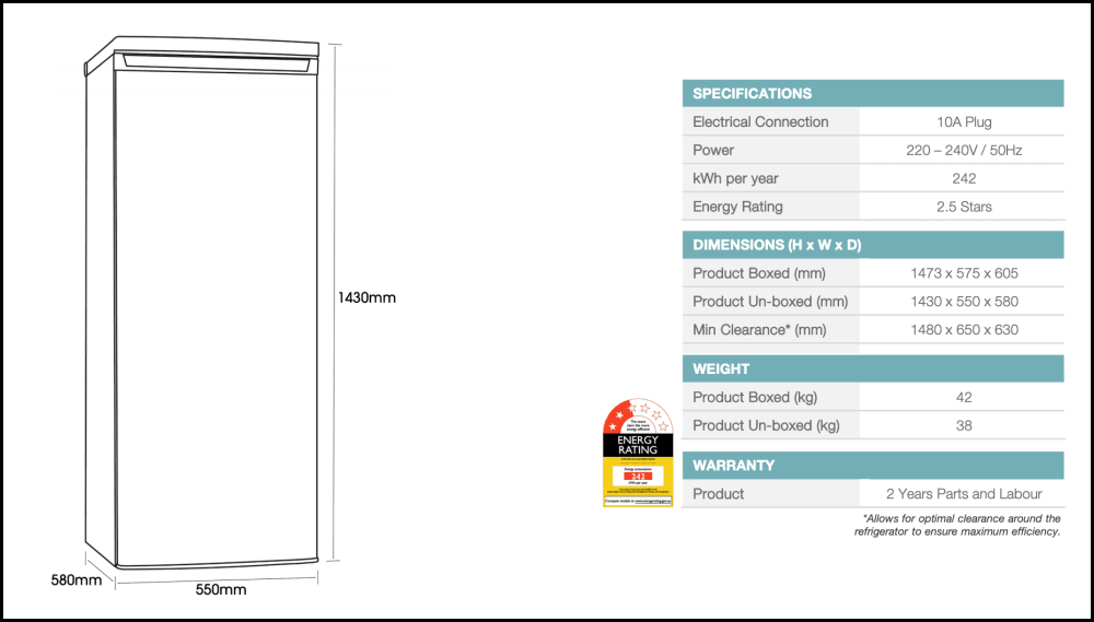 Euromaid Euf242W 246L Upright Fridge Fridges -