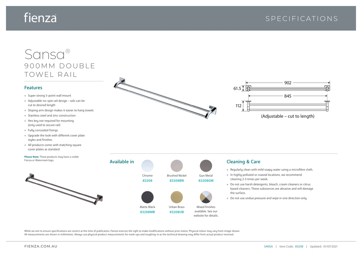 Fienza Sansa Double Towel Rail 900nn 83208GM - Gunmetal Grey